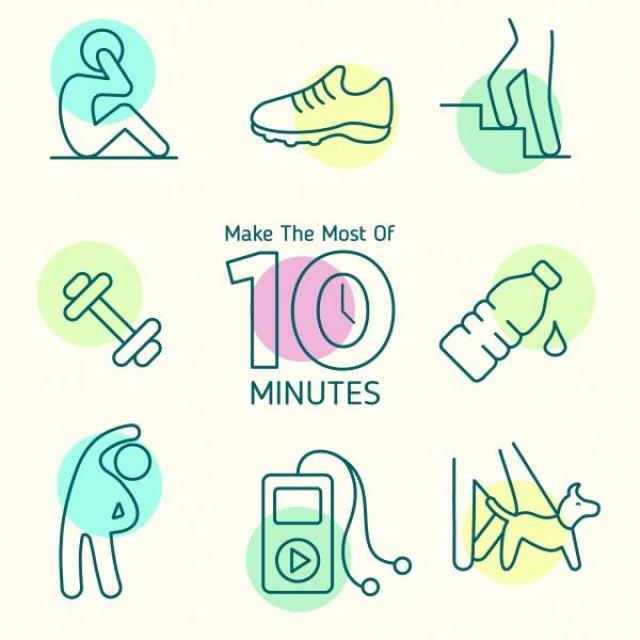 Banner that reads, "Make the most of 10 minutes" is surrounded by photos of people walking a dog, taking the stairs, doing sit-ups, and stretching. A weight, a running shoe, a water bottle, and an MP3 player also surround the banner.