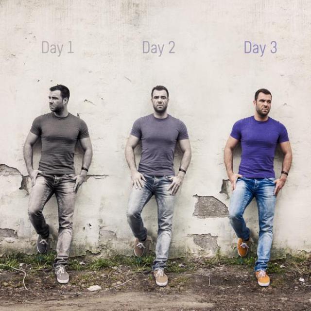 Same man leaning against a wall in three similar poses, with labels reading "Day 1, Day 2, Day 3." Day 1 the man is in black and white, Day 2 he is partially colored, and Day 3 he is in full color.