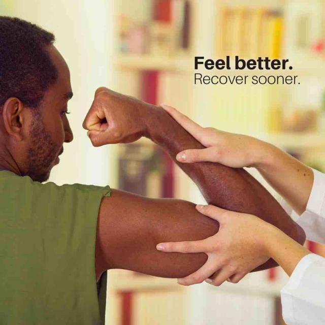 Man flexing right arm while doctor's hands examine arm with text saying "feel better recover sooner"